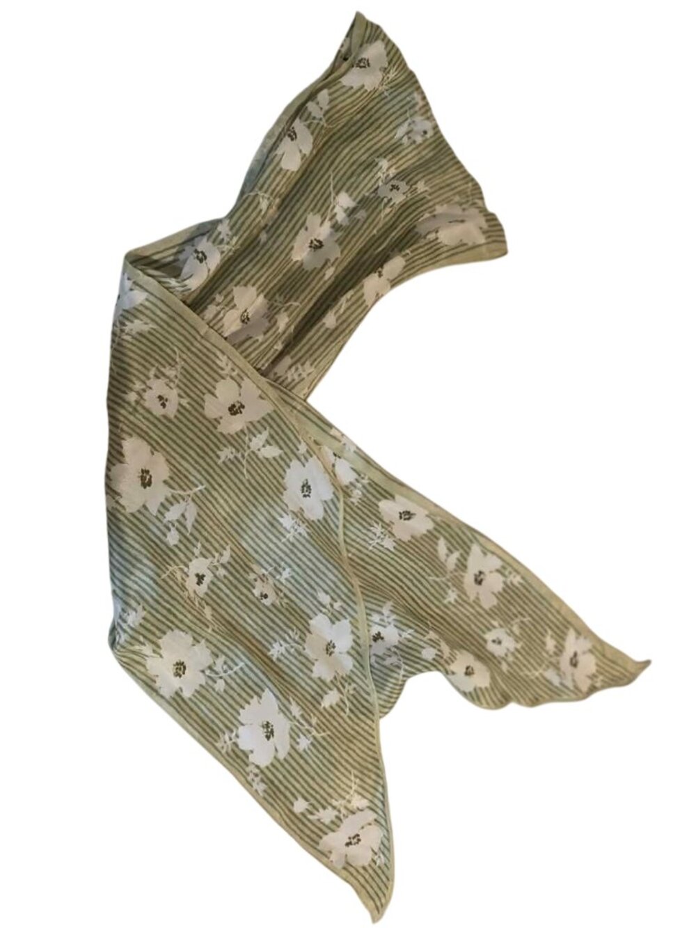 Vintage Floral Striped Skinny Scarf Muted Sage Green White Blossom Neck Tie